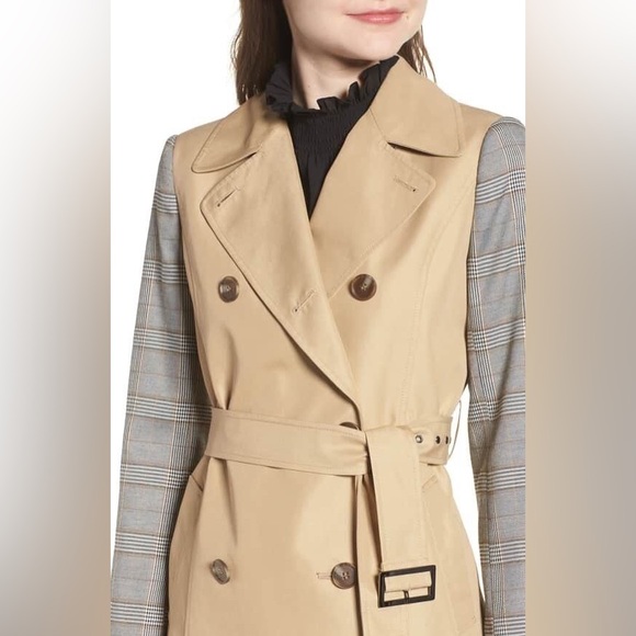 MURAL | NWT Nordstrom Double-Breasted Tan and Gray Plaid Belted Trench Coat - Picture 5 of 14
